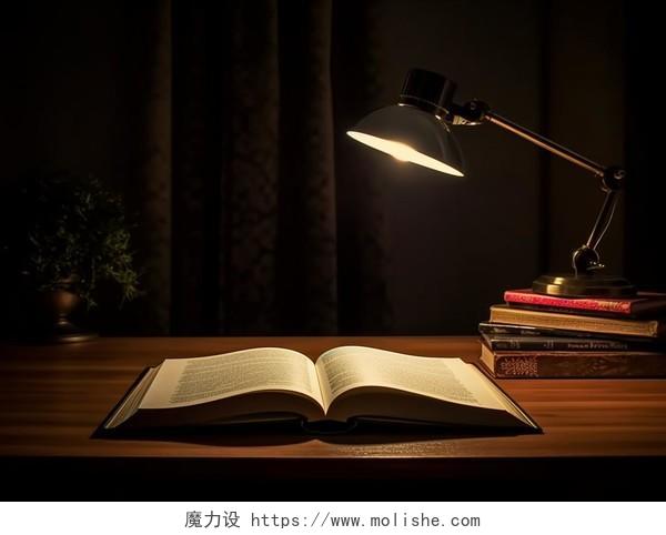 桌面上的一本书和台灯开学季学习世界读书日